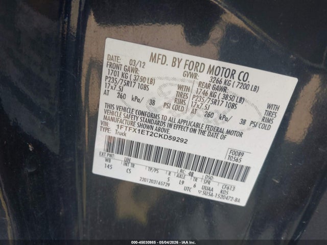 Aukcja sprzedaży 2012 Ford F-150 Xl, vin: 1FTFX1ET2CKD59292, numer aukcji: 45030985