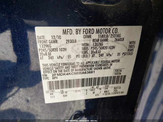 2011 Ford Edge Limited მანქანა იყიდება აუქციონზე, vin: 2FMDK4KC9BBA63881, აუქციონის ნომერი: 45030988