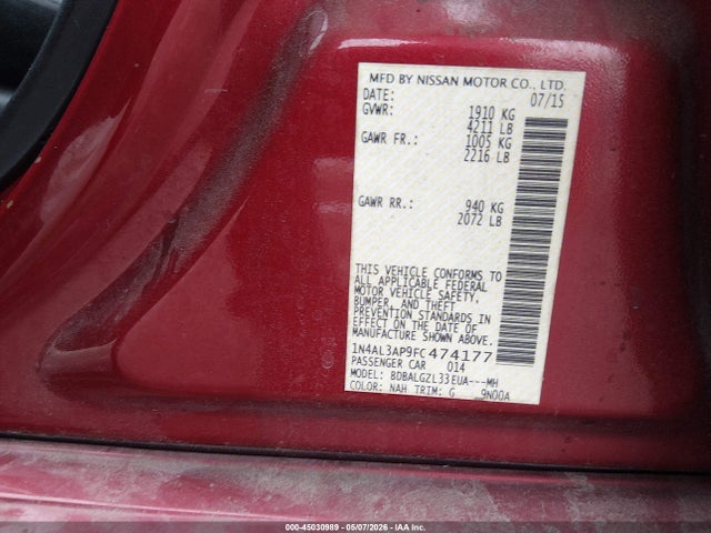 Продажа на аукционе авто 2015 Nissan Altima 2.5 S, vin: 1N4AL3AP9FC474177, номер лота: 45030989