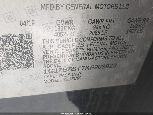 Aukcja sprzedaży 2019 Chevrolet Malibu 1ls, vin: 1G1ZB5ST7KF203823, numer aukcji: 45030994