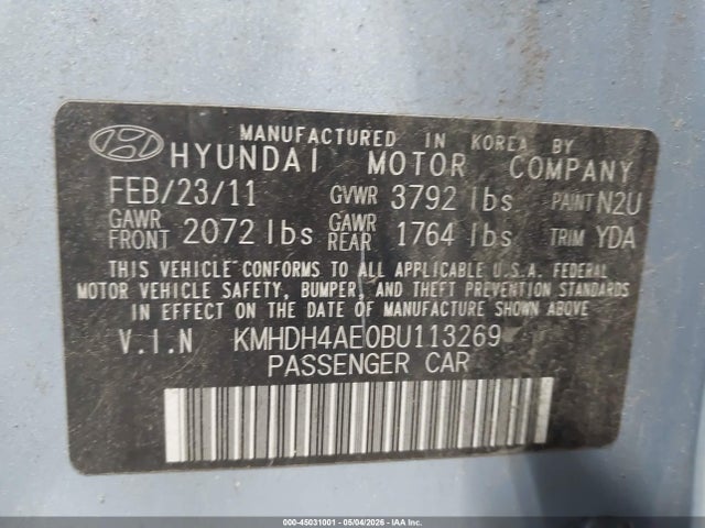 45031001 :رقم المزاد ، KMHDH4AE0BU113269 vin ، 2011 Hyundai Elantra Gls (ulsan Plant) مزاد بيع
