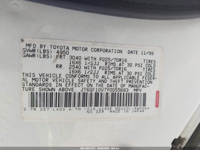 45031012 :رقم المزاد ، JT6GF10U7Y0055683 vin ، 2000 Lexus Rx 300 مزاد بيع