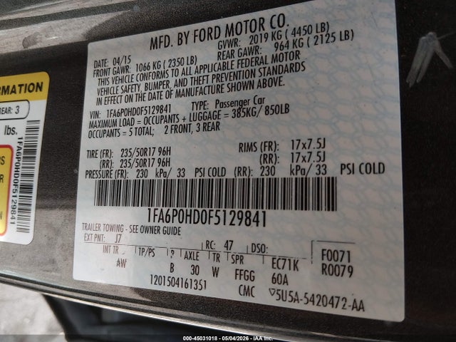 Aukcja sprzedaży 2015 Ford Fusion Se, vin: 1FA6P0HD0F5129841, numer aukcji: 45031018