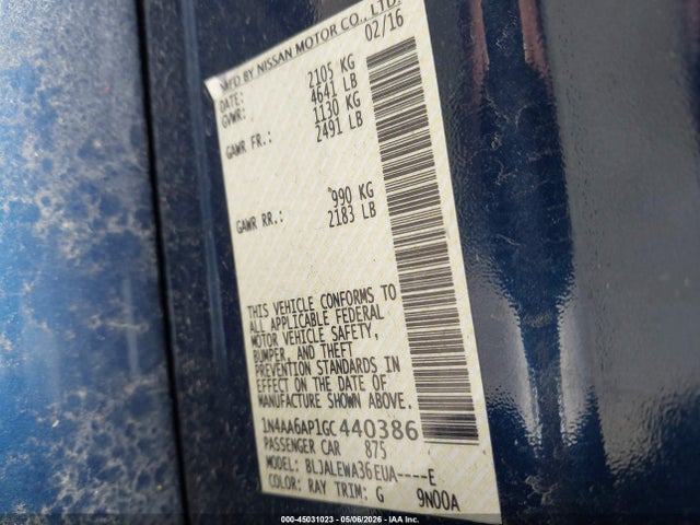 Продажа на аукционе авто 2016 Nissan Maxima 3.5 Sl, vin: 1N4AA6AP1GC440386, номер лота: 45031023