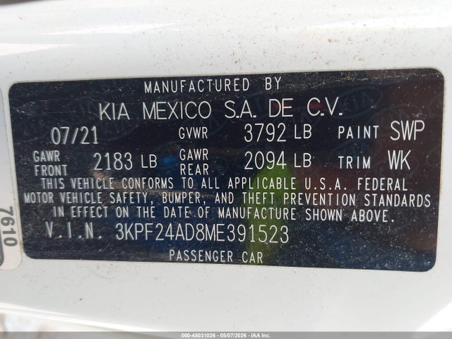 Aukcja sprzedaży 2021 Kia Forte Lxs, vin: 3KPF24AD8ME391523, numer aukcji: 45031026
