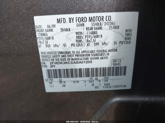 Продажа на аукционе авто 2010 Ford Edge Limited, vin: 2FMDK3KCXABA01205, номер лота: 45031027