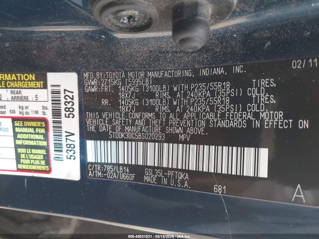 Aukcja sprzedaży 2011 Toyota Sienna Xle, vin: 5TDDK3DC5BS020293, numer aukcji: 45031031