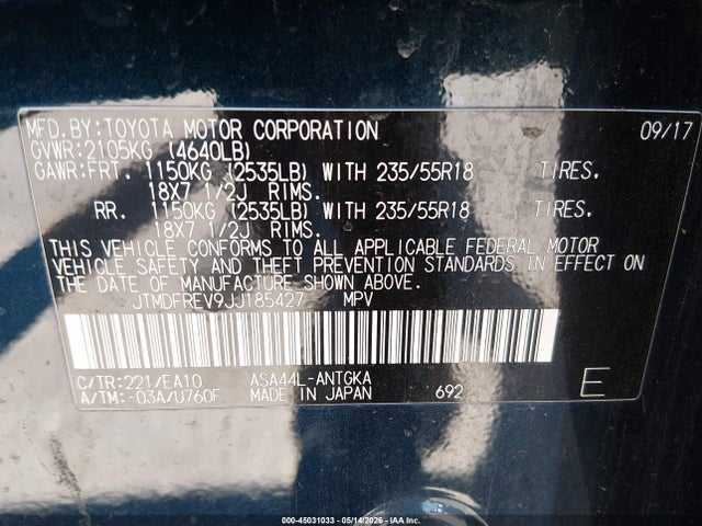 45031033 :رقم المزاد ، JTMDFREV9JJ185427 vin ، 2018 Toyota Rav4 Limited مزاد بيع