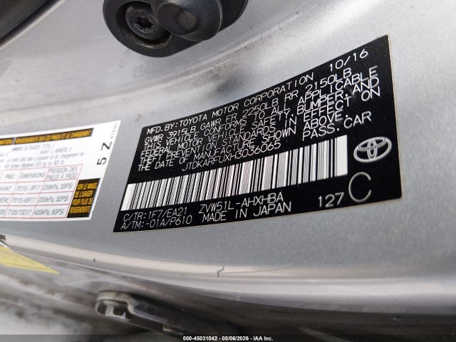 2017 Toyota Prius Three Touring მანქანა იყიდება აუქციონზე, vin: JTDKARFUXH3036065, აუქციონის ნომერი: 45031042