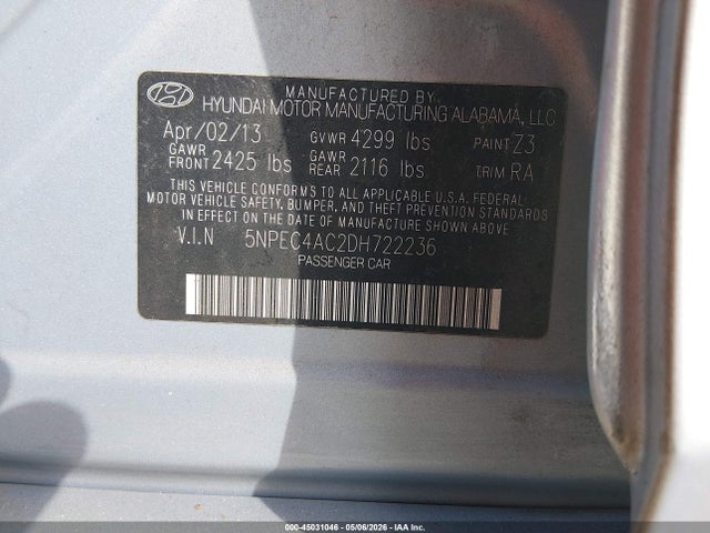 2013 Hyundai Sonata Limited მანქანა იყიდება აუქციონზე, vin: 5NPEC4AC2DH722236, აუქციონის ნომერი: 45031046
