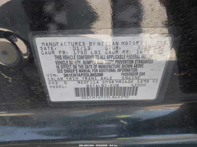 Продаж на аукціоні авто 2013 Nissan Versa 1.6 Sv, vin: 3N1CN7AP2DL865390, номер лоту: 45031064