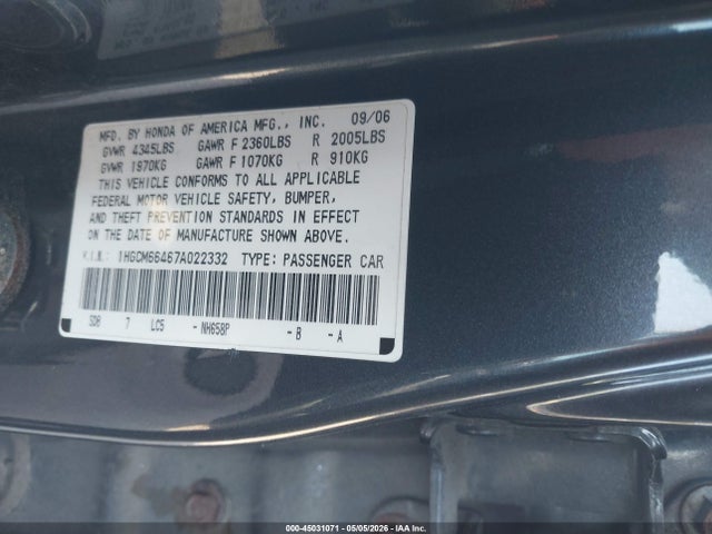 Auction sale of the 2007 Honda Accord 3.0 Se, vin: 1HGCM66467A022332, lot number: 45031071