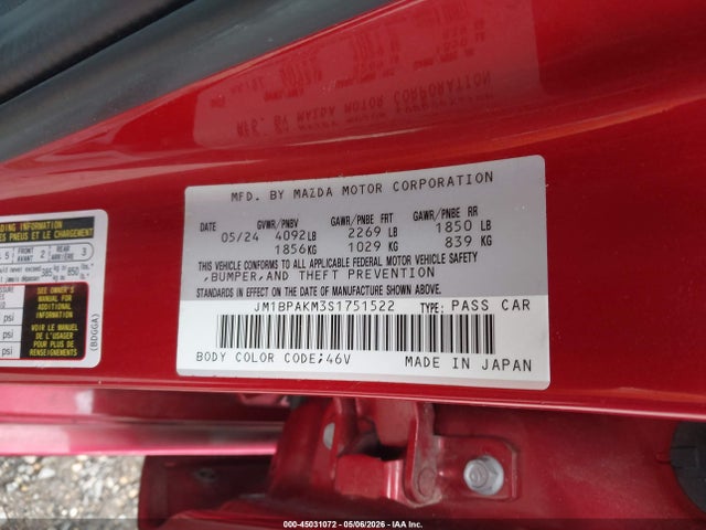 Aukcja sprzedaży 2025 Mazda Mazda3 2.5 S Select Sport, vin: JM1BPAKM3S1751522, numer aukcji: 45031072