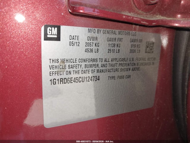 45031073 :رقم المزاد ، 1G1RD6E45CU124734 vin ، 2012 Chevrolet Volt مزاد بيع