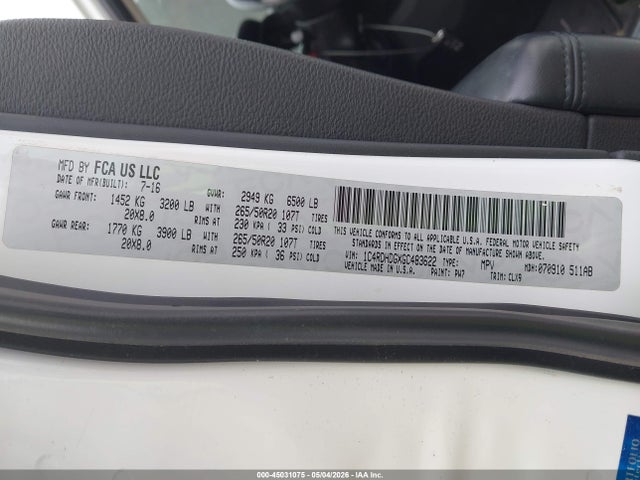 Продажа на аукционе авто 2016 Dodge Durango Limited, vin: 1C4RDHDGXGC483622, номер лота: 45031075