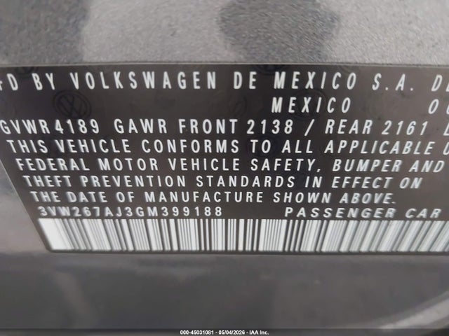 45031081 :رقم المزاد ، 3VW267AJ3GM399188 vin ، 2016 Volkswagen Jetta 1.4t S مزاد بيع