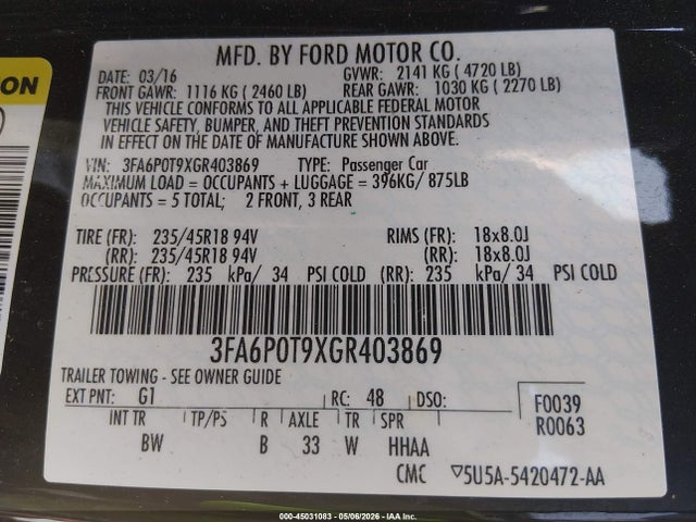 2016 Ford Fusion Se მანქანა იყიდება აუქციონზე, vin: 3FA6P0T9XGR403869, აუქციონის ნომერი: 45031083