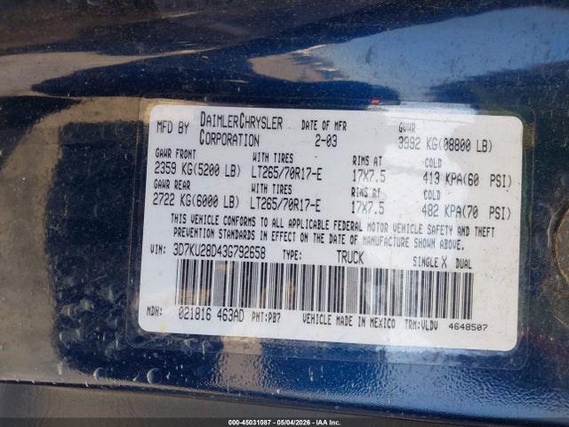 45031087 :رقم المزاد ، 3D7KU28D43G792658 vin ، 2003 Dodge Ram 2500 Slt/laramie/st مزاد بيع