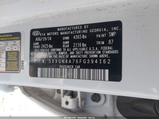 45031089 :رقم المزاد ، 5XXGN4A76FG394162 vin ، 2015 Kia Optima Ex مزاد بيع