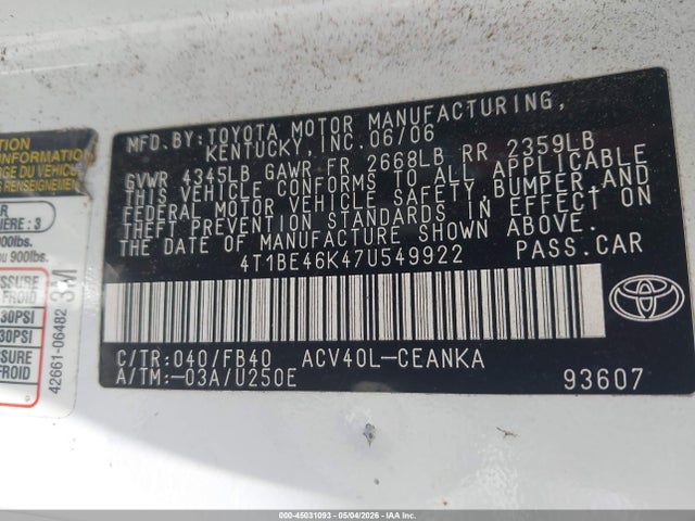 45031093 :رقم المزاد ، 4T1BE46K47U549922 vin ، 2007 Toyota Camry Le مزاد بيع