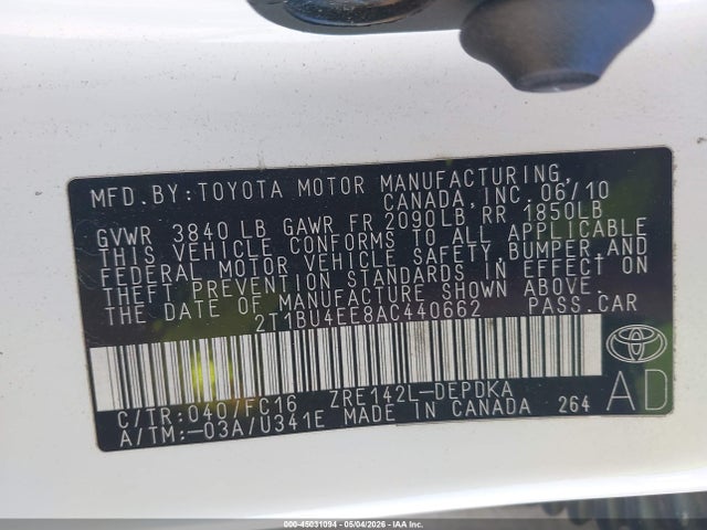Aukcja sprzedaży 2010 Toyota Corolla Le, vin: 2T1BU4EE8AC440662, numer aukcji: 45031094