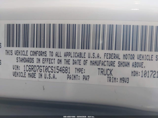 45031095 :رقم المزاد ، 1C6RD7GT0CS154681 vin ، 2012 Ram 1500 Slt مزاد بيع