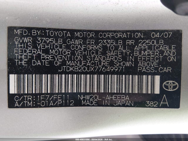Продаж на аукціоні авто 2007 Toyota Prius, vin: JTDKB20UX77649971, номер лоту: 45031098