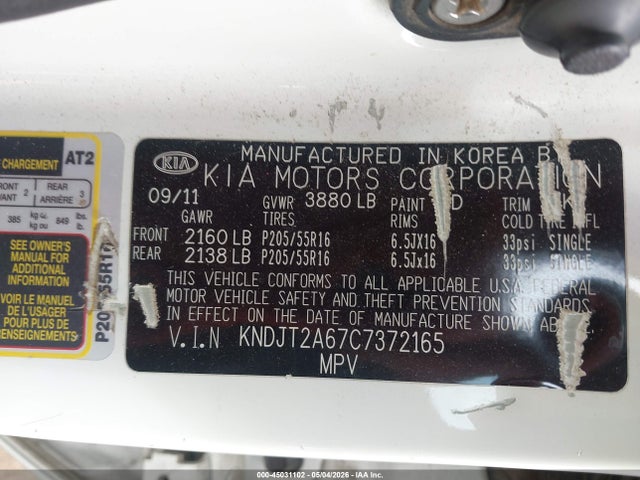 45031102 :رقم المزاد ، KNDJT2A67C7372165 vin ، 2012 Kia Soul + مزاد بيع