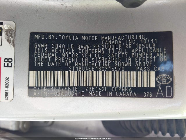 45031103 :رقم المزاد ، 2T1BU4EE1BC715970 vin ، 2011 Toyota Corolla Le مزاد بيع