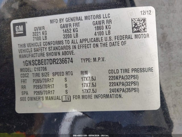 Продаж на аукціоні авто 2013 Chevrolet Tahoe Lt, vin: 1GNSCBE07DR236674, номер лоту: 45031109