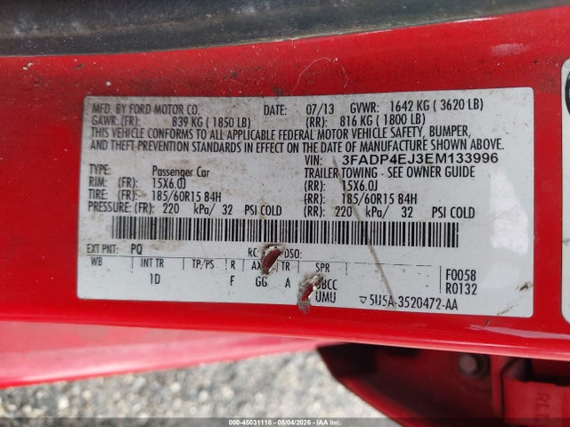2014 Ford Fiesta Se მანქანა იყიდება აუქციონზე, vin: 3FADP4EJ3EM133996, აუქციონის ნომერი: 45031118
