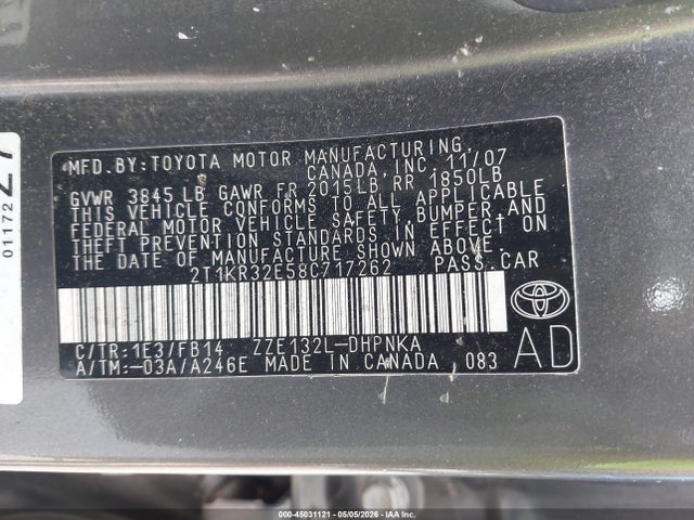 45031121 :رقم المزاد ، 2T1KR32E58C717262 vin ، 2008 Toyota Matrix Xr مزاد بيع
