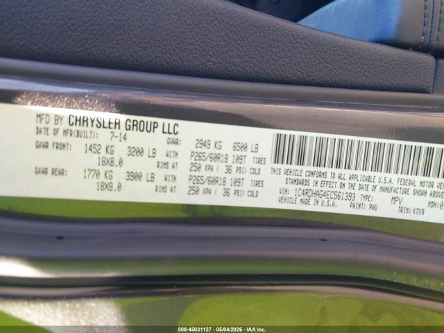 45031127 :رقم المزاد ، 1C4RDHAG4EC561393 vin ، 2014 Dodge Durango Sxt مزاد بيع