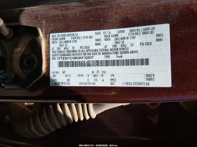 1FTEW1CG8GKF32937 Ford F-150 Xlt