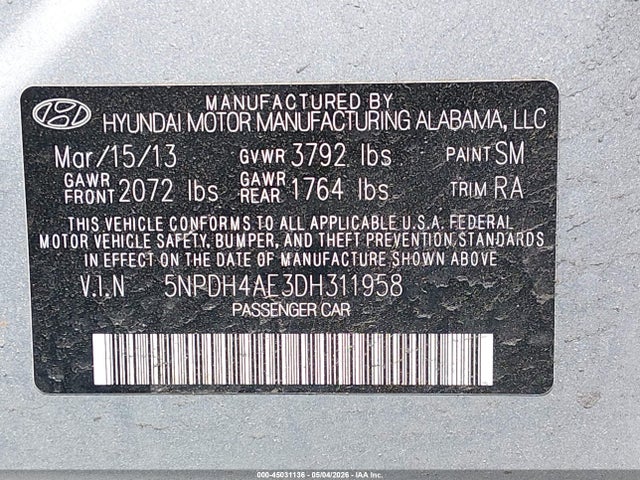 Продаж на аукціоні авто 2013 Hyundai Elantra Gls, vin: 5NPDH4AE3DH311958, номер лоту: 45031136