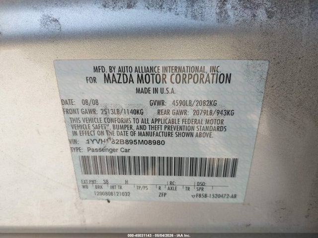 Aukcja sprzedaży 2009 Mazda Mazda6 S Touring, vin: 1YVHP82B895M08980, numer aukcji: 45031143