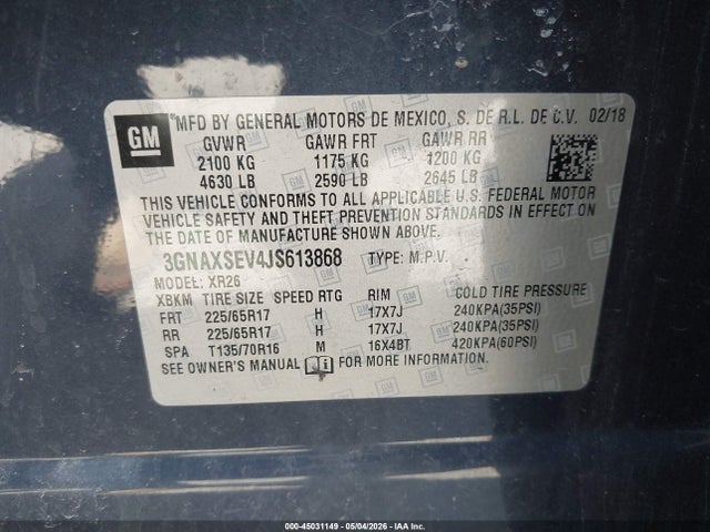 45031149 :رقم المزاد ، 3GNAXSEV4JS613868 vin ، 2018 Chevrolet Equinox Lt مزاد بيع