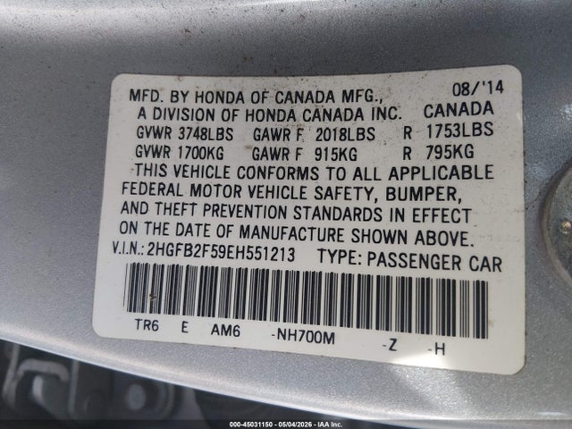 Aukcja sprzedaży 2014 Honda Civic Lx, vin: 2HGFB2F59EH551213, numer aukcji: 45031150