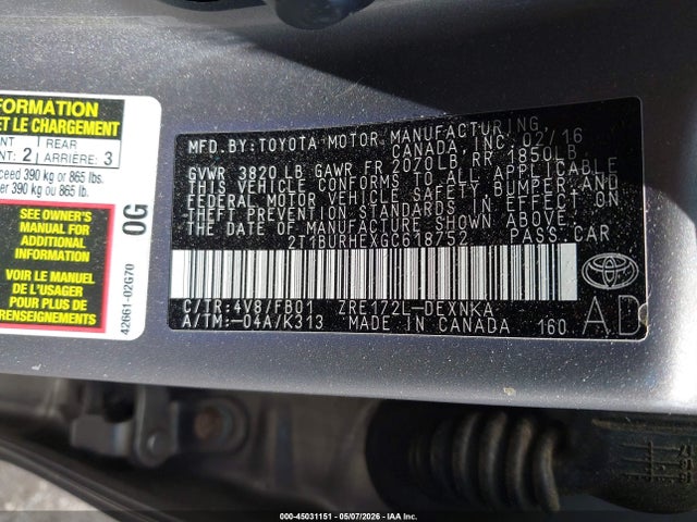 Продажа на аукционе авто 2016 Toyota Corolla Le, vin: 2T1BURHEXGC618752, номер лота: 45031151