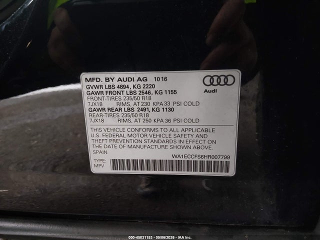 Aukcja sprzedaży 2017 Audi Q3 2.0t Premium, vin: WA1ECCFS6HR007799, numer aukcji: 45031153