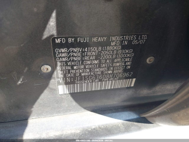 2008 Subaru Forester 2.5x მანქანა იყიდება აუქციონზე, vin: JF1SG63608H706962, აუქციონის ნომერი: 45031160
