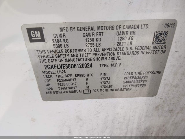 Auction sale of the 2013 Gmc Terrain Slt-1, vin: 2GKFLVE38D6120924, lot number: 45031185