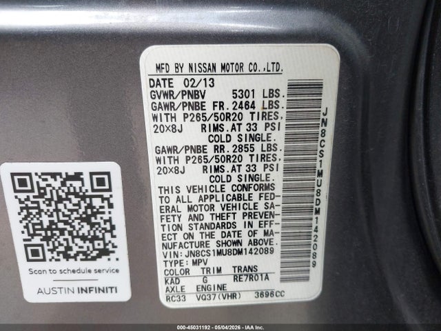 45031192 :رقم المزاد ، JN8CS1MU8DM142089 vin ، 2013 Infiniti Fx37 مزاد بيع