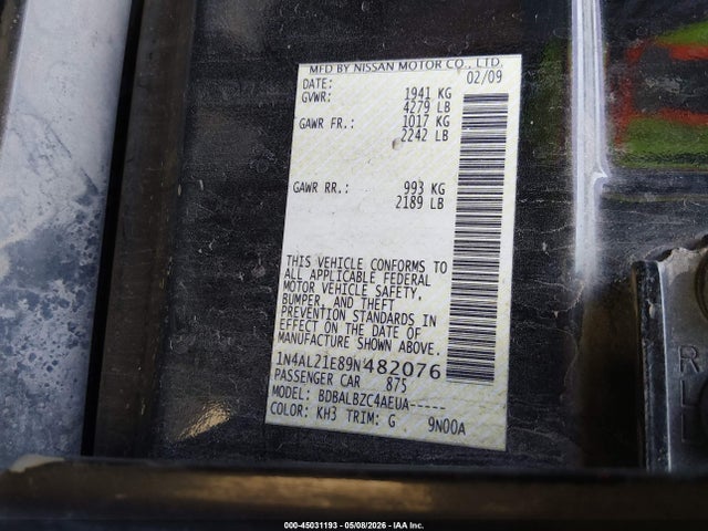 2009 Nissan Altima 2.5 S მანქანა იყიდება აუქციონზე, vin: 1N4AL21E89N482076, აუქციონის ნომერი: 45031193
