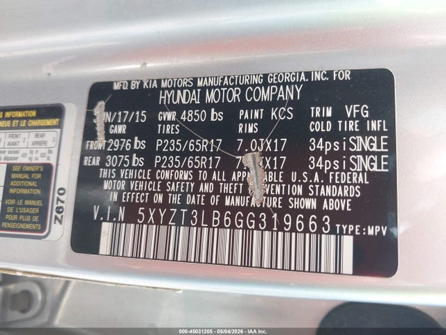 Продаж на аукціоні авто 2016 Hyundai Santa Fe Sport 2.4l, vin: 5XYZT3LB6GG319663, номер лоту: 45031205
