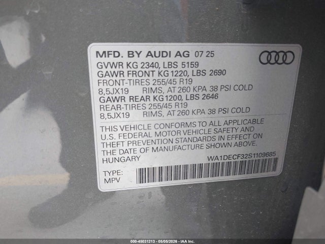 Aukcja sprzedaży 2025 Audi Q3 Premium 45 Tfsi S Line Quattro Tiptronic, vin: WA1DECF32S1109685, numer aukcji: 45031213