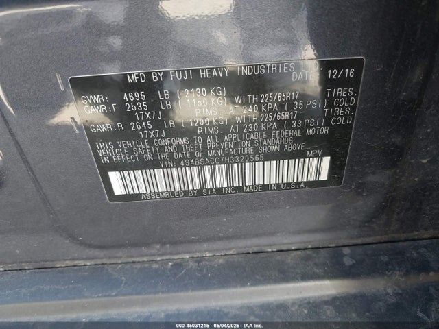 2017 Subaru Outback 2.5i Premium მანქანა იყიდება აუქციონზე, vin: 4S4BSACC7H3320565, აუქციონის ნომერი: 45031215