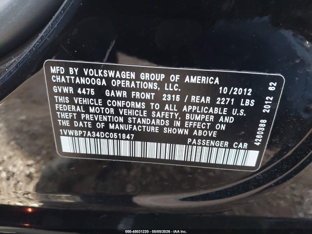 45031220 :رقم المزاد ، 1VWBP7A34DC051847 vin ، 2013 Volkswagen Passat 2.5l Se مزاد بيع
