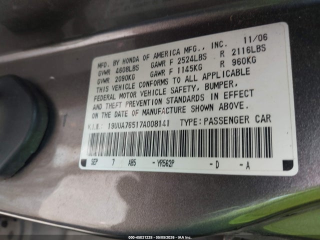 45031228 :رقم المزاد ، 19UUA76517A008141 vin ، 2007 Acura Tl Type S مزاد بيع
