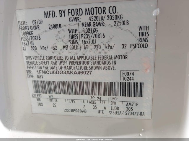 2010 Ford Escape Xlt მანქანა იყიდება აუქციონზე, vin: 1FMCU0DG3AKA46027, აუქციონის ნომერი: 45031229